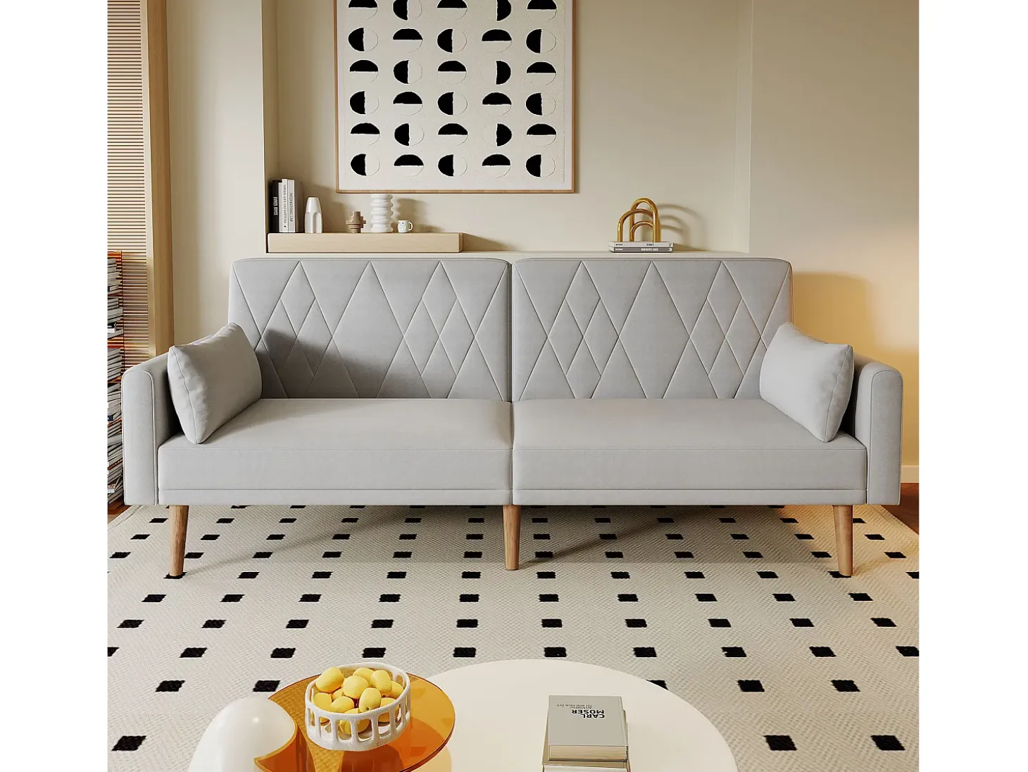 Sofá convertible recto de 2 plazas en terciopelo gris claro, 2 cojines incluidos - 180x75x82cm