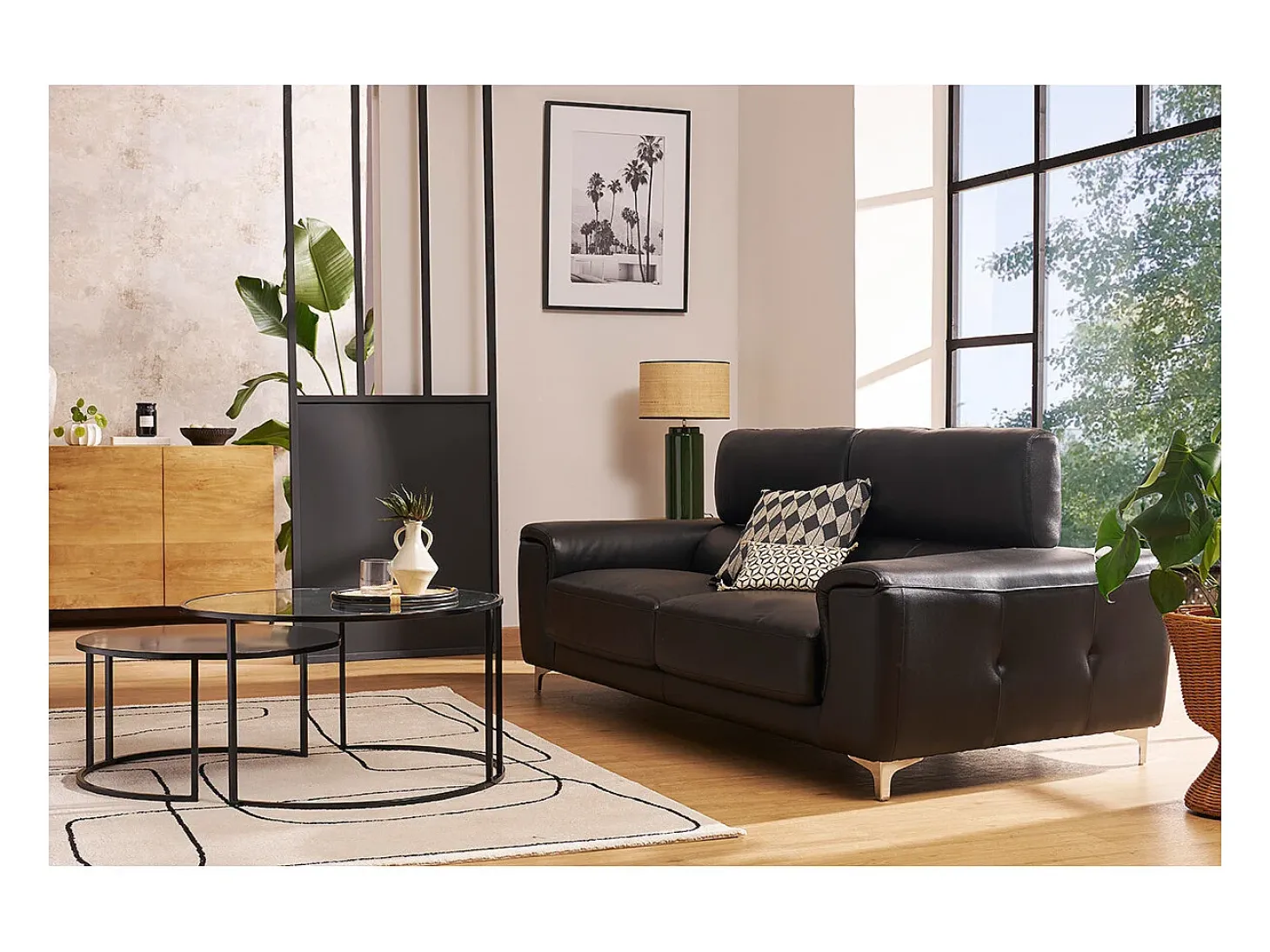 Sofá cuero de búfalo diseño tres plazas con cabeceros relax negro NEVADA