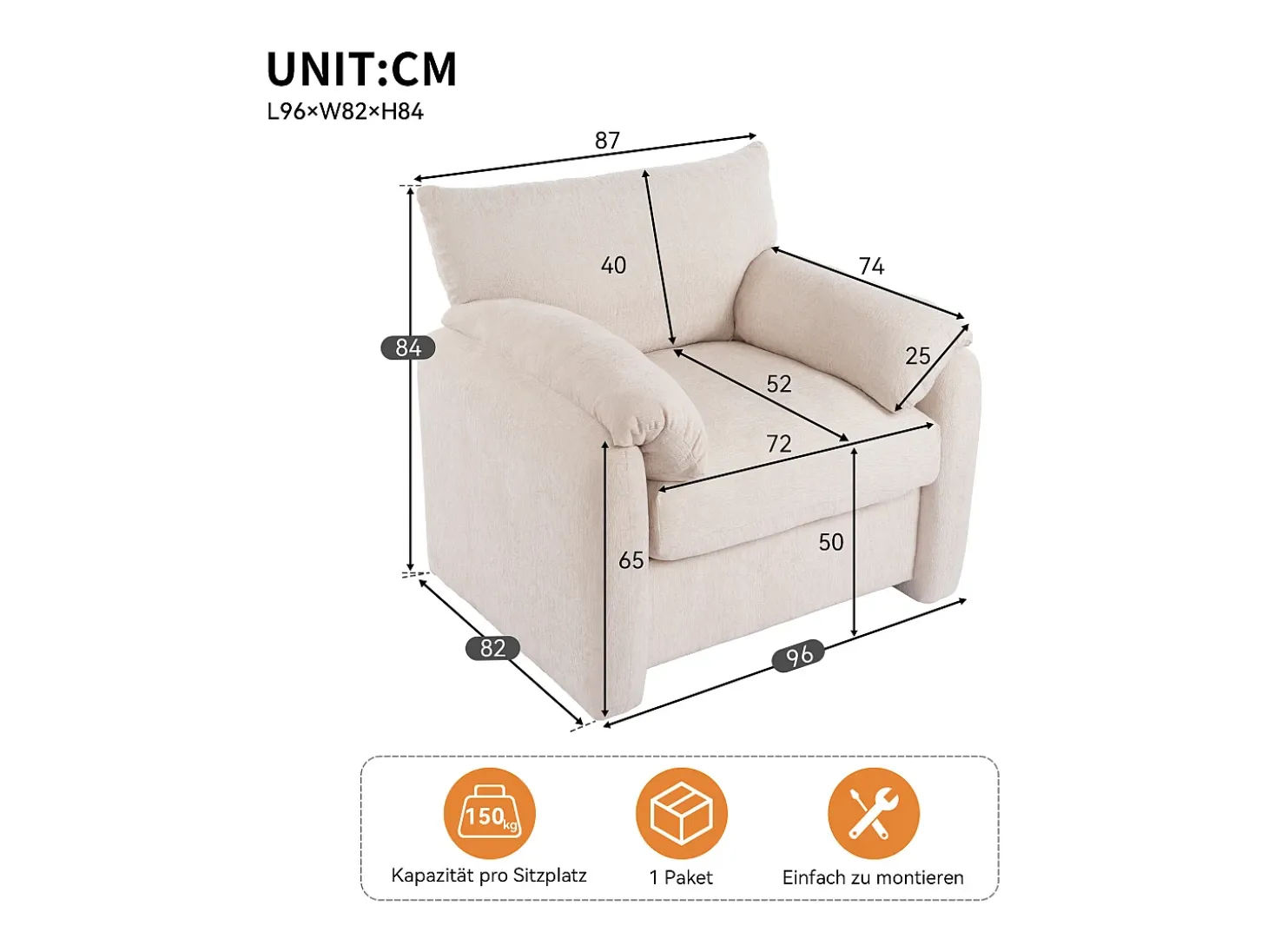Sofá de 1 plaza con reposabrazos suaves, tela de chenilla beige - para sala de estar, dormitorio o rincón de lectura