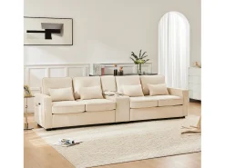 Sofá de 4 plazas - Sofá con 2 portavasos y 2 cargadores USB - bolsillos en los reposabrazos y 4 almohadas - lino beige
