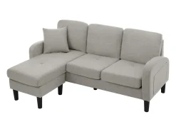 Sofá de 3 plazas con chaise longue – Sofá esquinero con bolsillos laterales – Tejido de algodón y lino gris