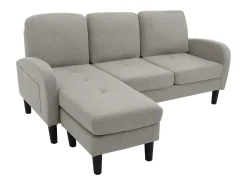 Sofá de 3 plazas con chaise longue – Sofá esquinero con bolsillos laterales – Tejido de algodón y lino gris