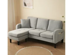 Sofá de 3 plazas con chaise longue – Sofá esquinero con bolsillos laterales – Tejido de algodón y lino gris