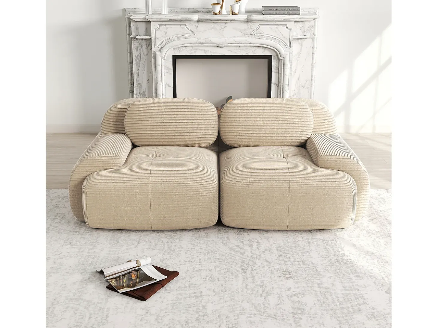 Sofá de 2 plazas con cojines - Sofá recto con reposabrazos curvos y cojines decorativos - pana beige