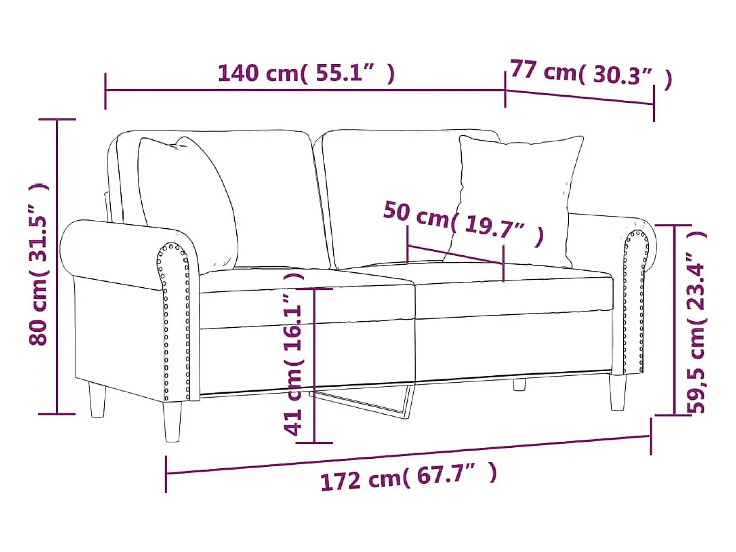 Sofá de 2 plazas con cojines terciopelo negro 140 cm