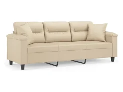 Sofá de 3 plazas con cojines tela microfibra color crema 180 cm
