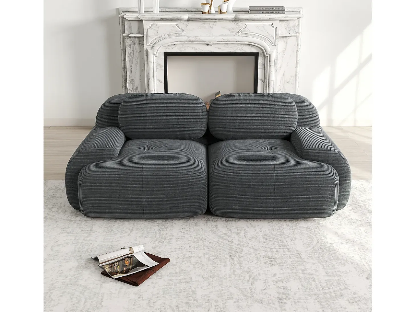 Sofá de 2 plazas con cojines - Sofá recto con reposabrazos curvos y cojines decorativos - pana gris