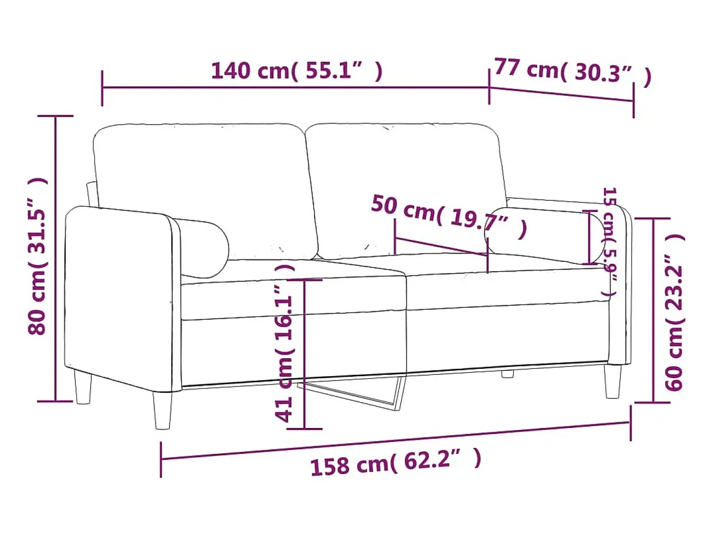 Sofá de 2 plazas con cojines terciopelo rosa 140 cm