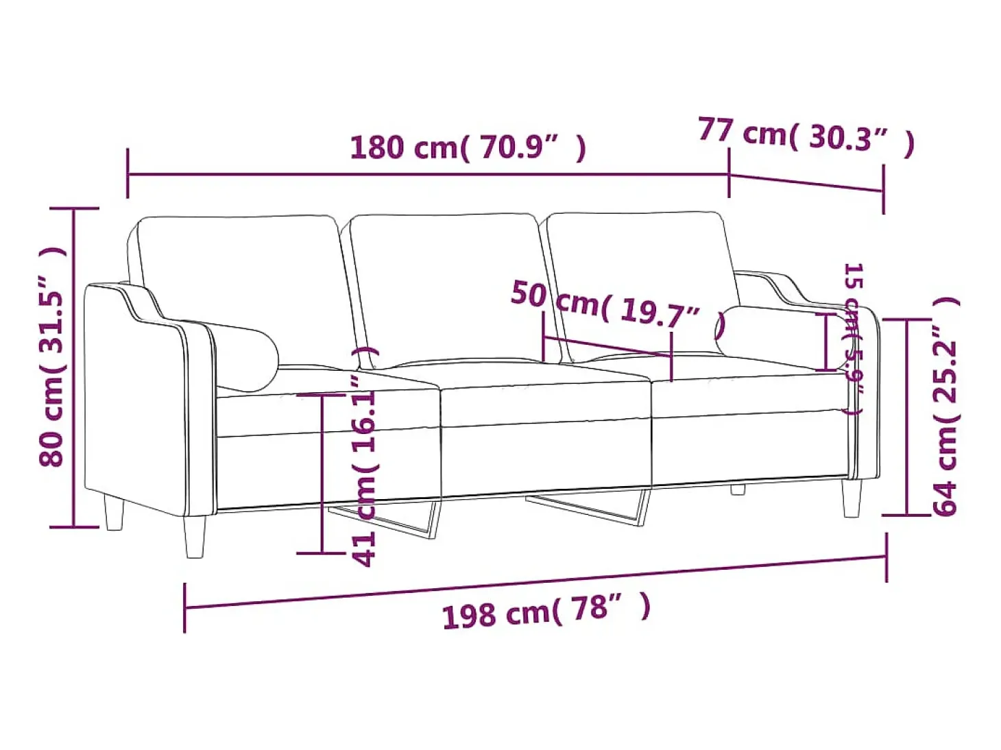 Sofá de 3 plazas con cojines tela marrón 180 cm