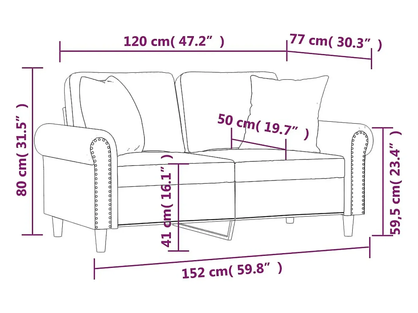 Sofá de 2 plazas con cojines terciopelo negro 120 cm