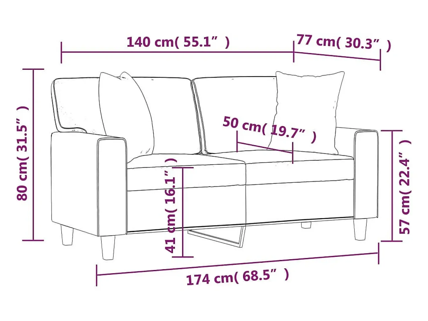 Sofá de 2 plazas con cojines cuero sintético rojo tinto 140 cm