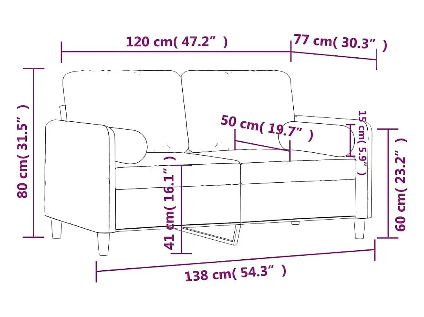 Sofá de 2 plazas con cojines terciopelo marrón 120 cm