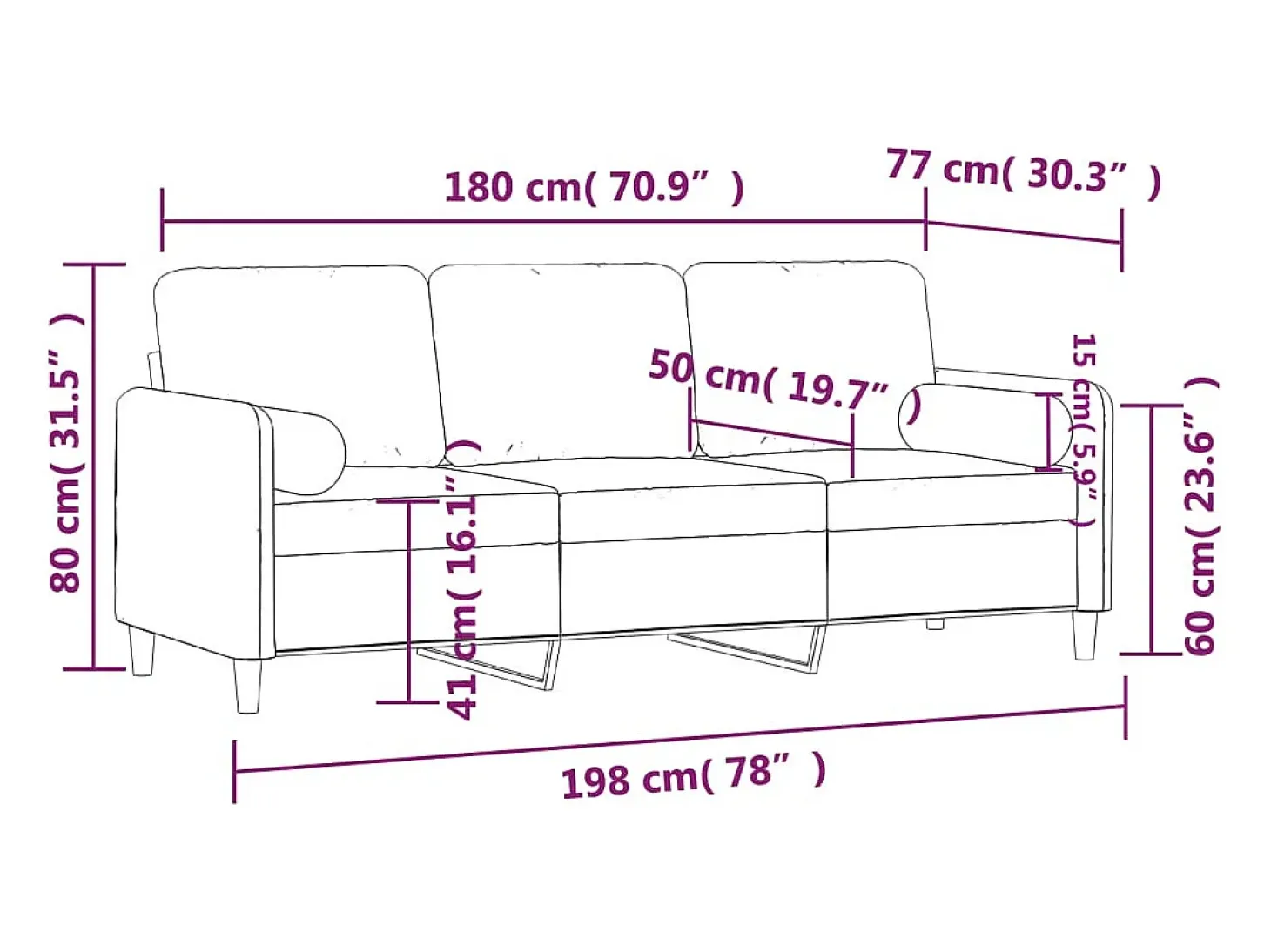 Sofá de 3 plazas con cojines terciopelo gris claro 180 cm