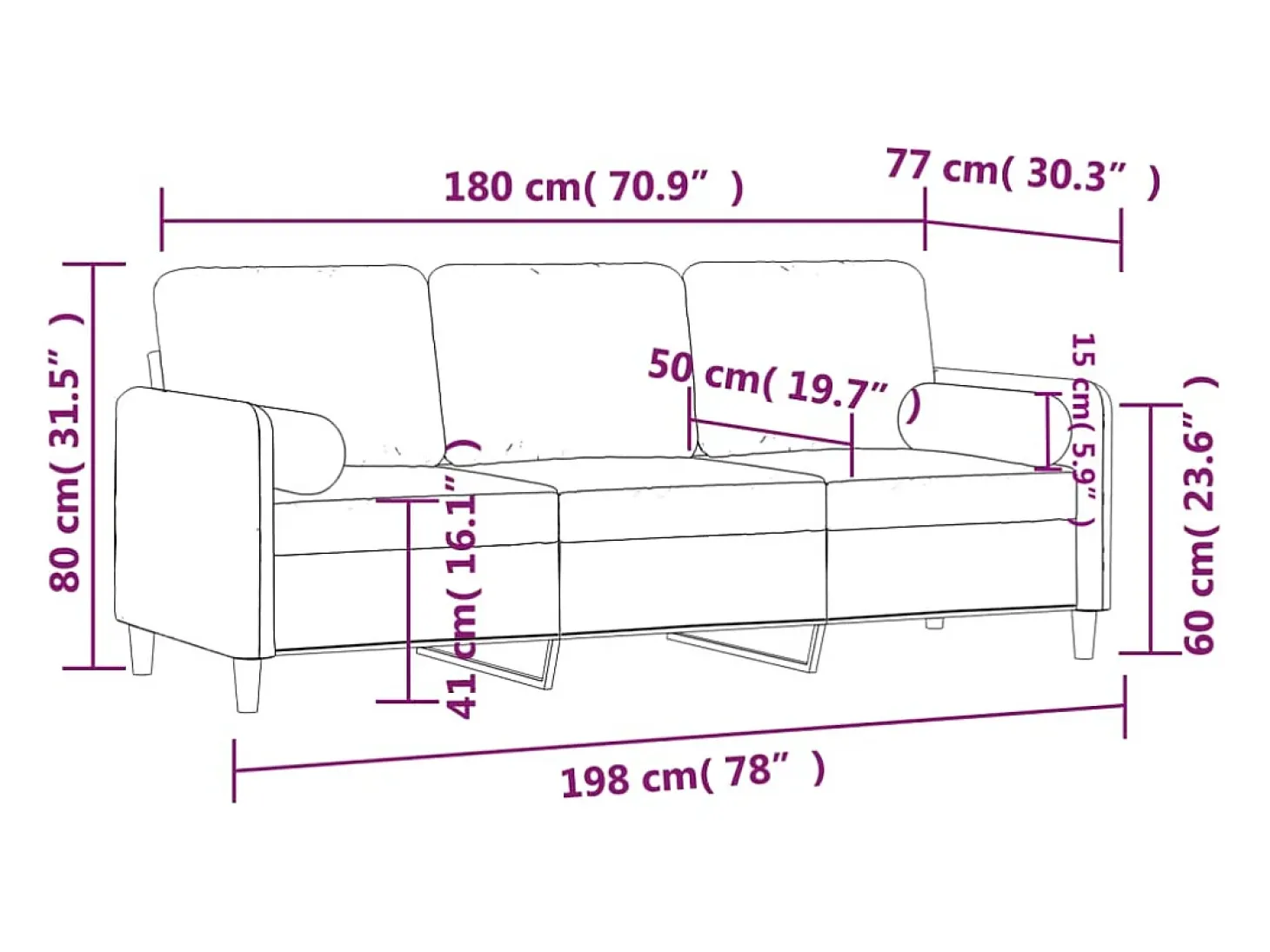 Sofá de 3 plazas con cojines terciopelo gris claro 180 cm