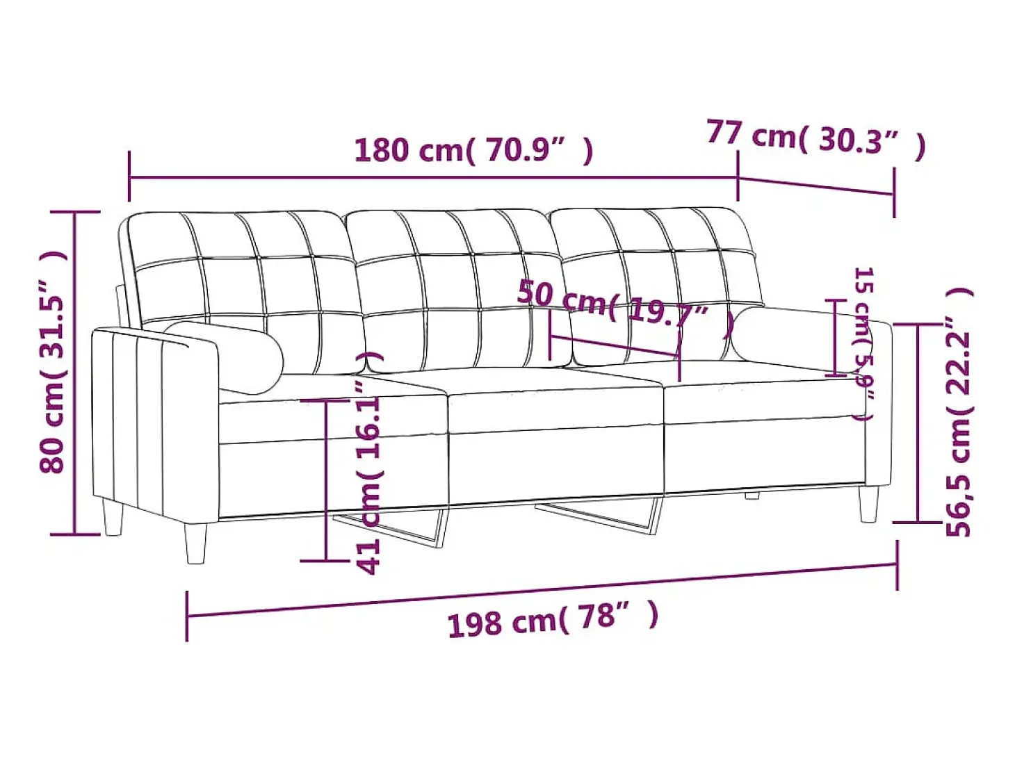 Sofá de 3 plazas con cojines tela marrón 180 cm
