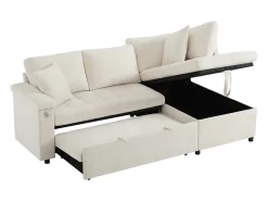 Sofá de 3 plazas con función cama - Sofá esquinero con dos cojines y reposabrazos - con almacenaje - chenilla beige