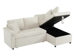 Sofá de 3 plazas con función cama - Sofá esquinero con dos cojines y reposabrazos - con almacenaje - chenilla beige