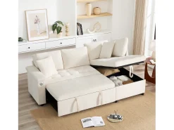 Sofá de 3 plazas con función cama - Sofá esquinero con dos cojines y reposabrazos - con almacenaje - chenilla beige