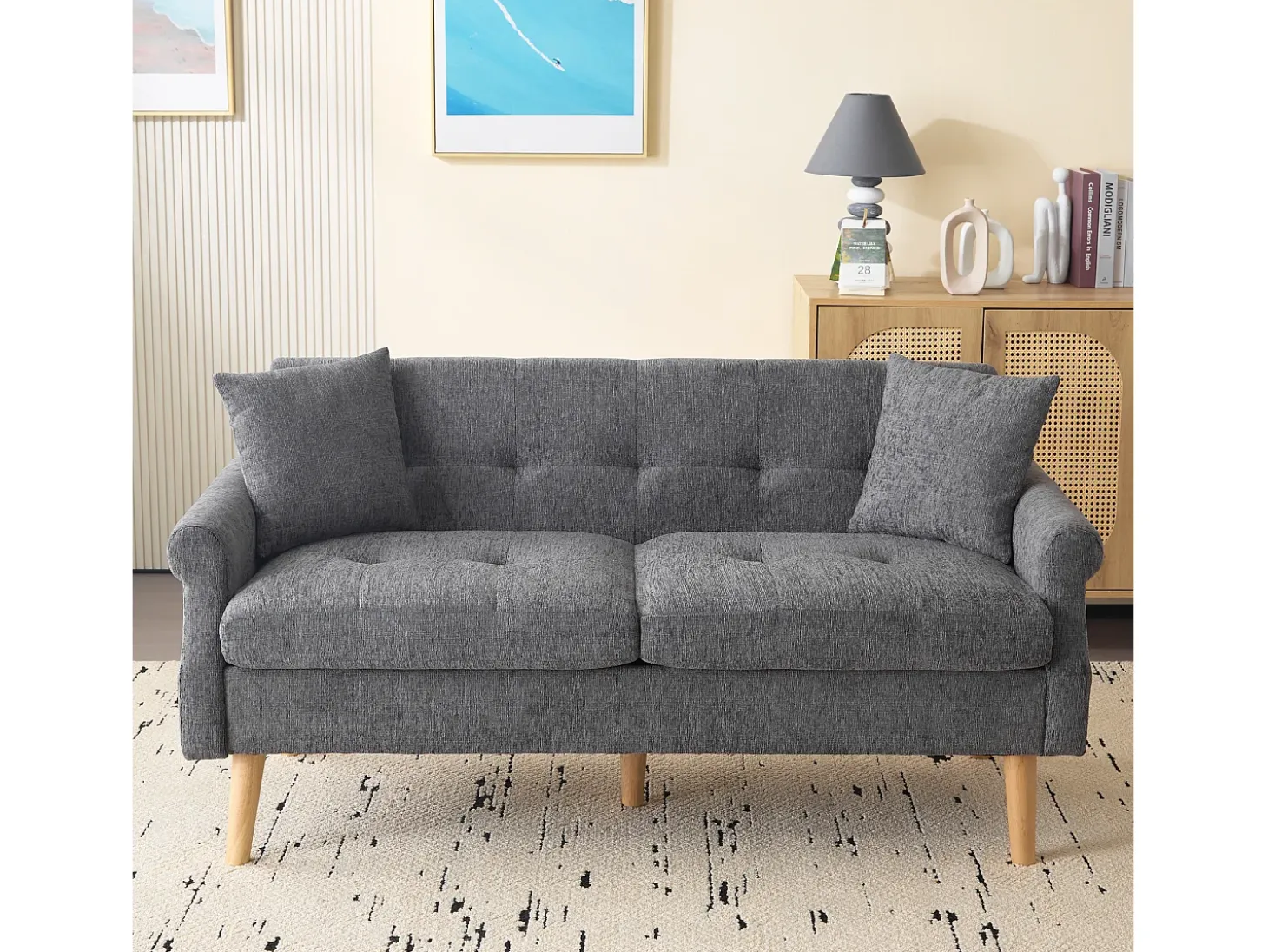 Sofá de 2 plazas con reposabrazos y cojines, chenilla gris, patas de madera - para salón y dormitorio