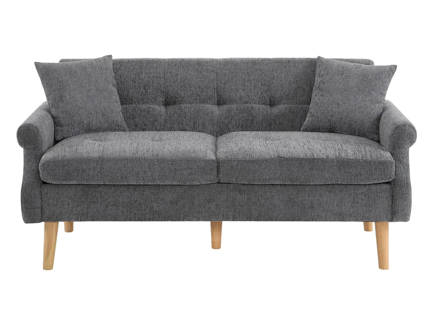 Sofá de 2 plazas con reposabrazos y cojines, chenilla gris, patas de madera - para salón y dormitorio