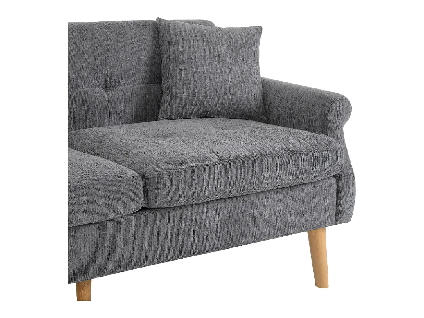 Sofá de 2 plazas con reposabrazos y cojines, chenilla gris, patas de madera - para salón y dormitorio