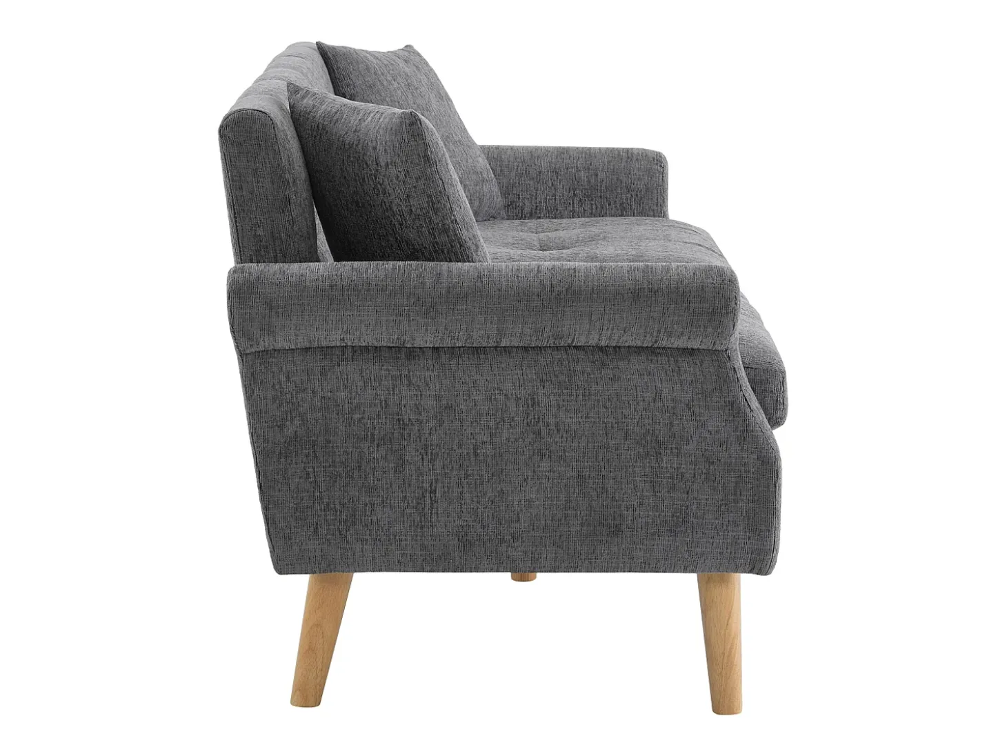 Sofá de 2 plazas con reposabrazos y cojines, chenilla gris, patas de madera - para salón y dormitorio
