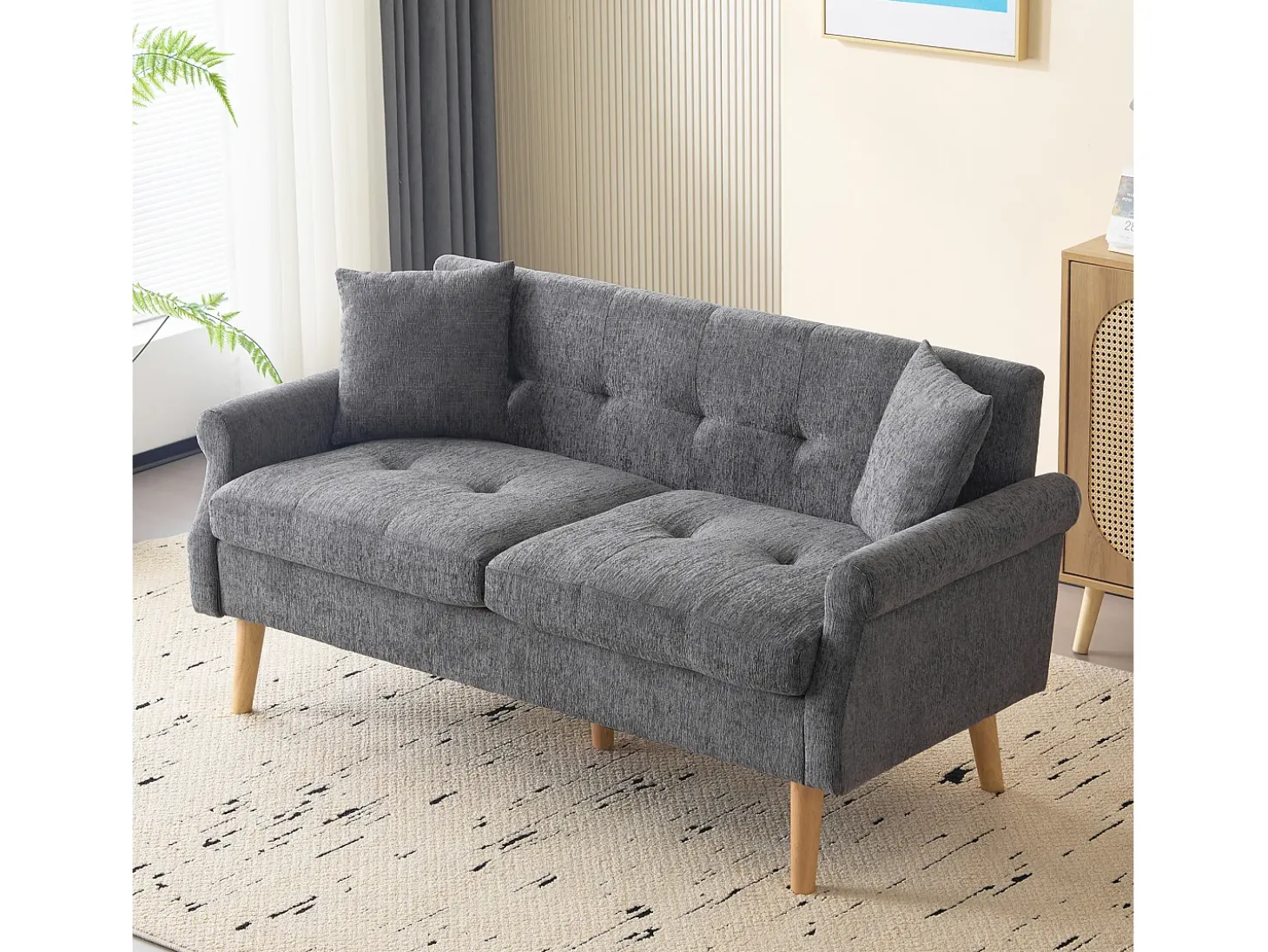 Sofá de 2 plazas con reposabrazos y cojines, chenilla gris, patas de madera - para salón y dormitorio