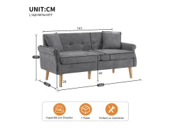 Sofá de 2 plazas con reposabrazos y cojines, chenilla gris, patas de madera - para salón y dormitorio