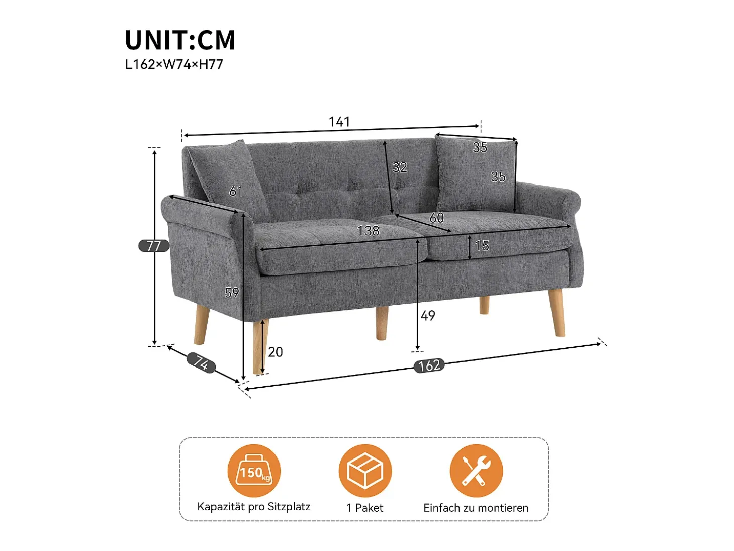 Sofá de 2 plazas con reposabrazos y cojines, chenilla gris, patas de madera - para salón y dormitorio