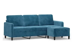 Sofá de 3 plazas con taburete de terciopelo azul 180 cm