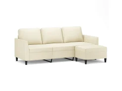 Sofá de 3 plazas con taburete cuero sintético crema 180 cm