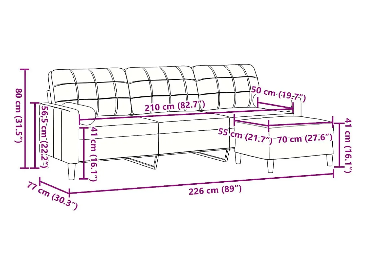 Sofá de 3 plazas con taburete de terciopelo gris claro 210 cm