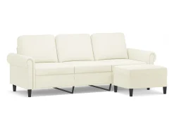 Sofá de 3 plazas con taburete de terciopelo crema 180 cm