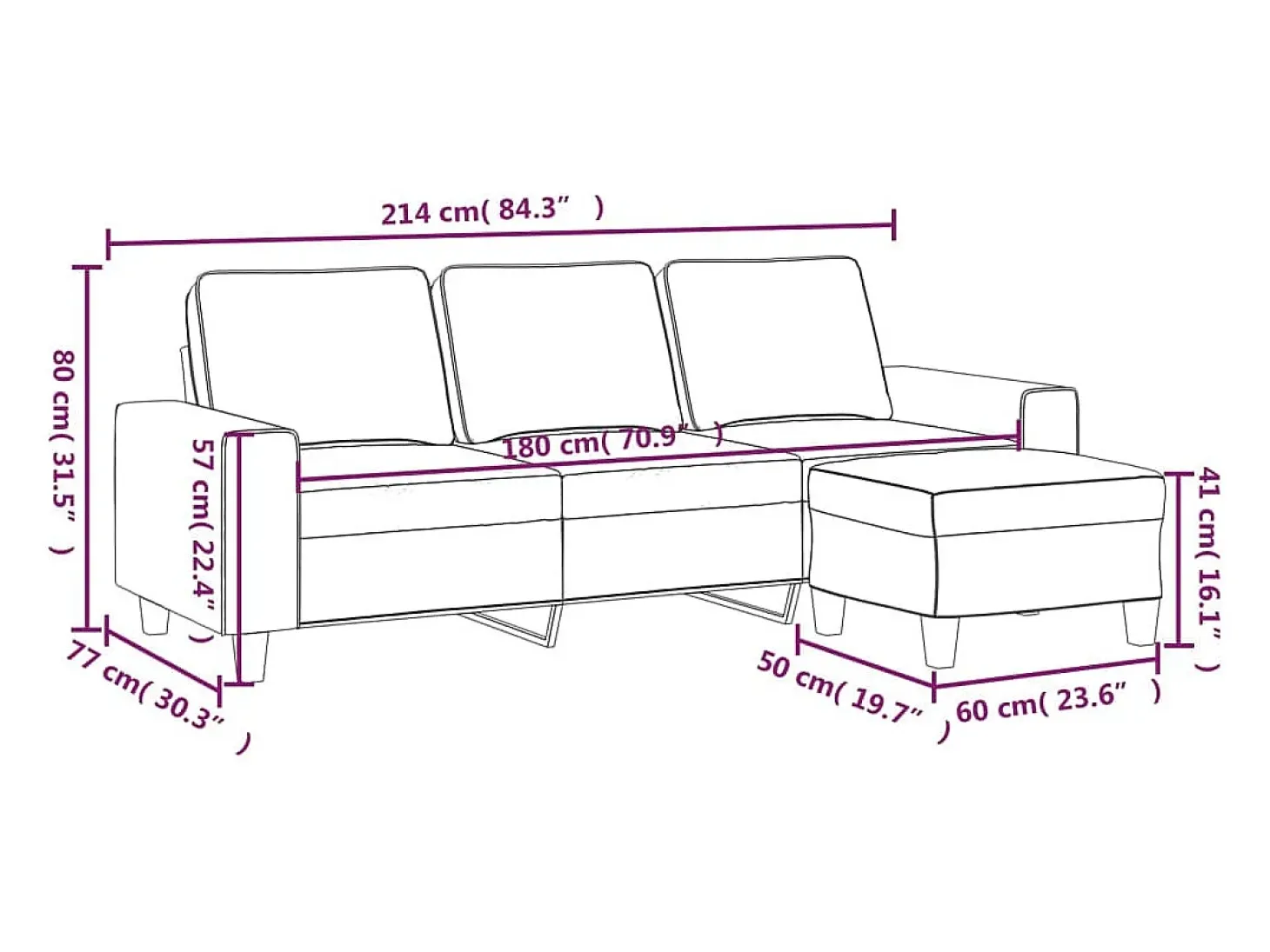 Sofá de 3 plazas con taburete de tela crema 180 cm