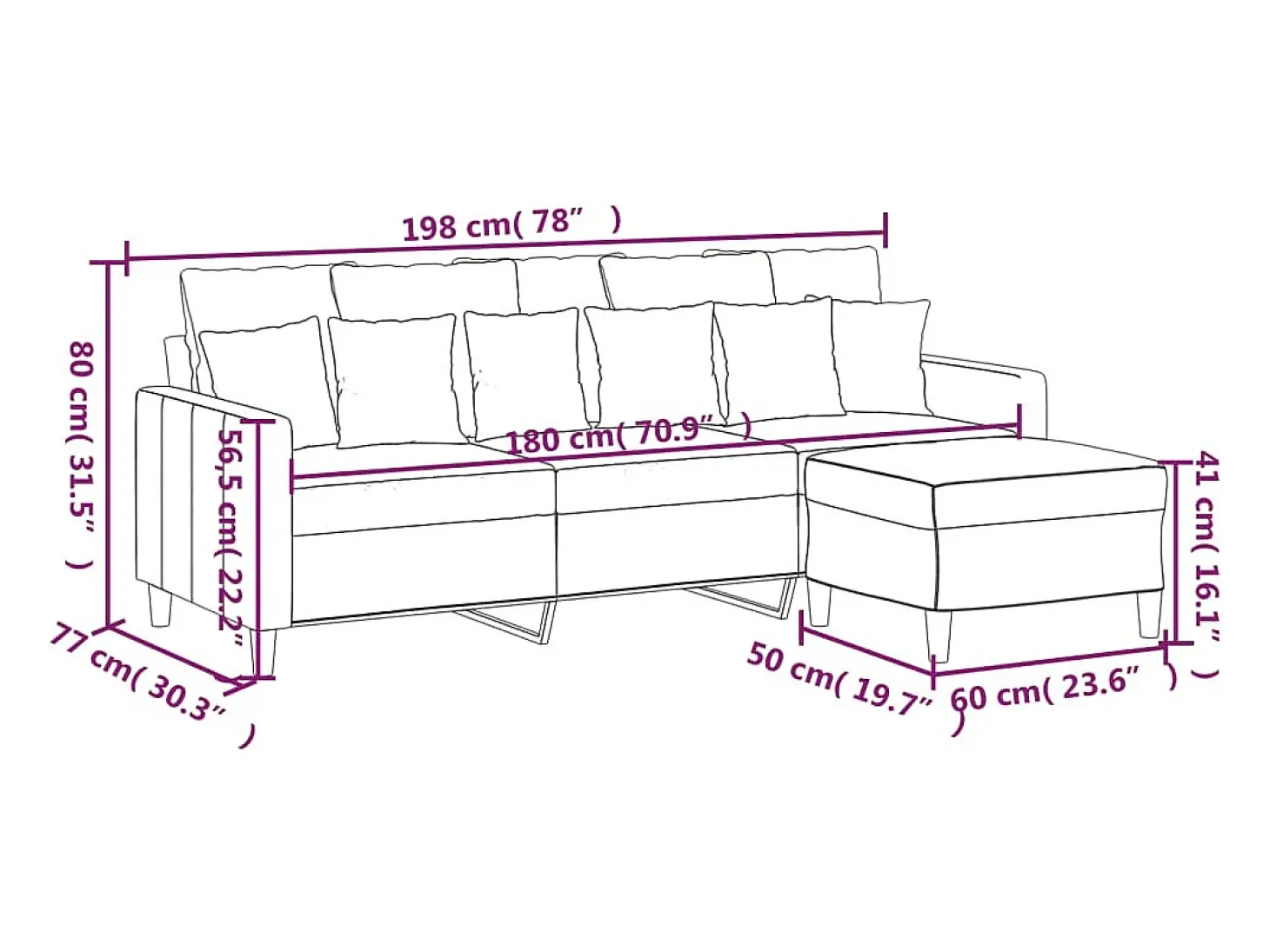 Sofá de 3 plazas con taburete de terciopelo marrón 180 cm