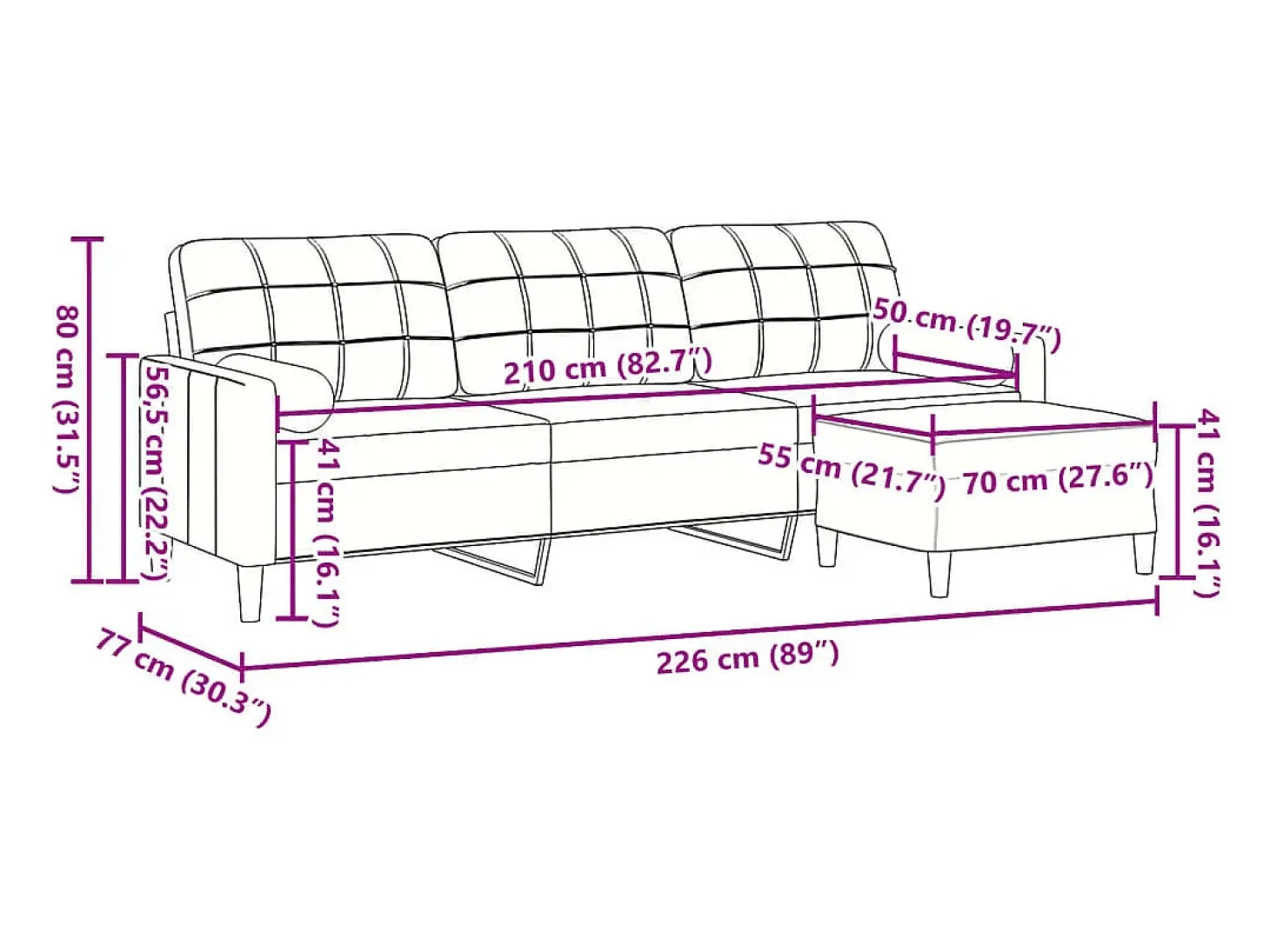 Sofá de 3 plazas con taburete de terciopelo rosa 210 cm