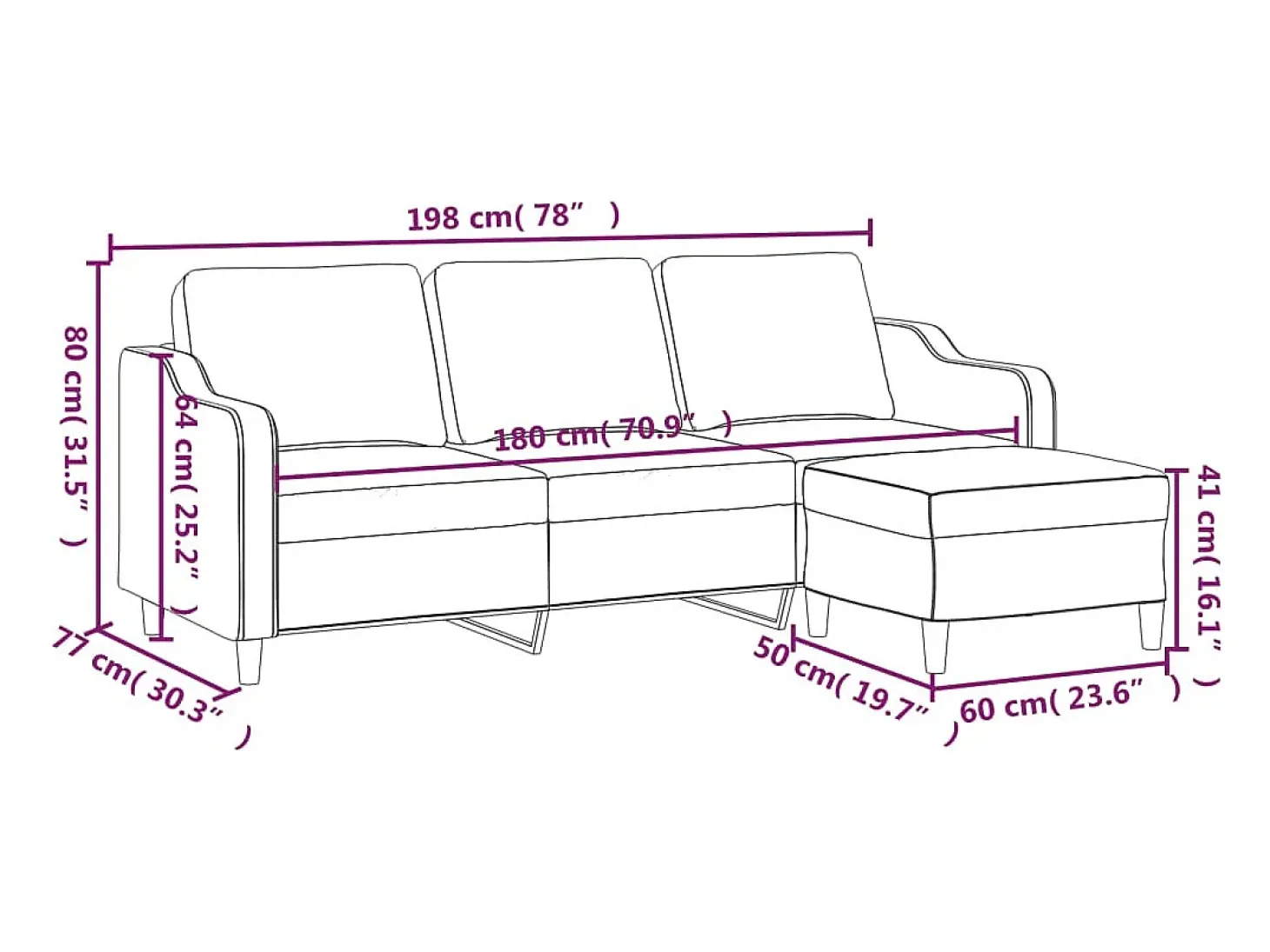 Sofá de 3 plazas con taburete de tela marrón 180 cm