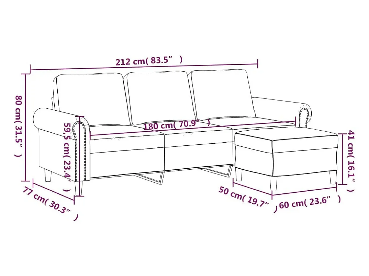 Sofá de 3 plazas con taburete terciopelo amarillo 180 cm