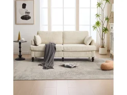 Sofá de 2 plazas de chenilla beige - Sofá recto con almacenaje e iluminación LED - Puerto de carga USB y patas de madera