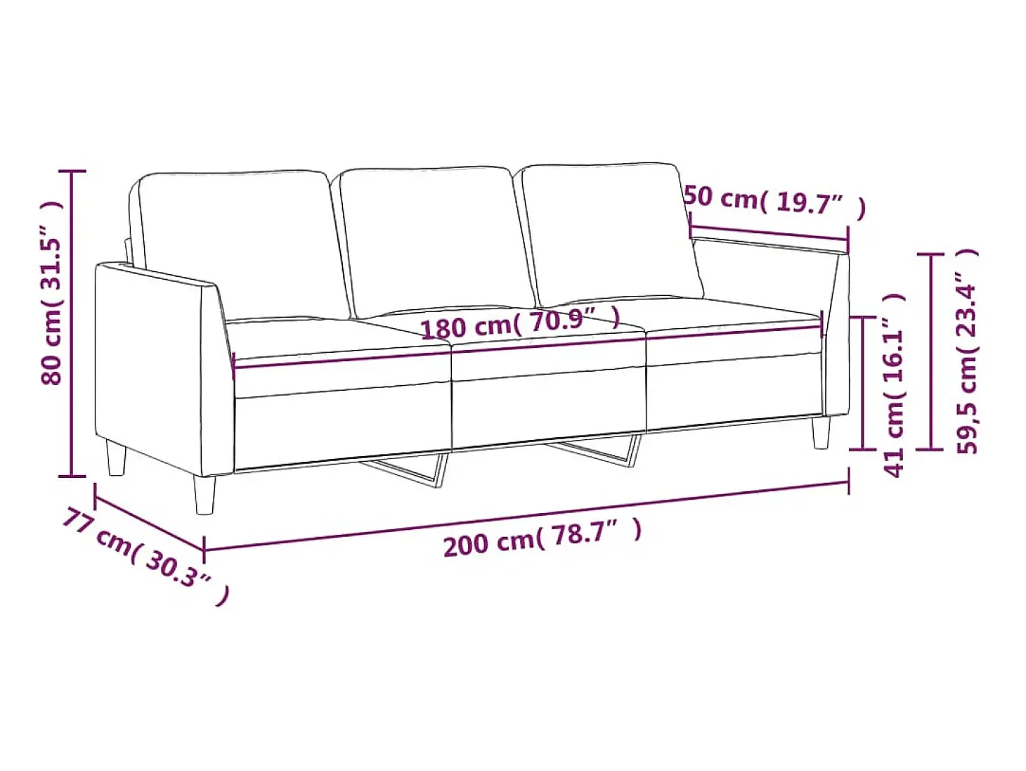 Sofá de 3 plazas de cuero sintético negro 180 cm