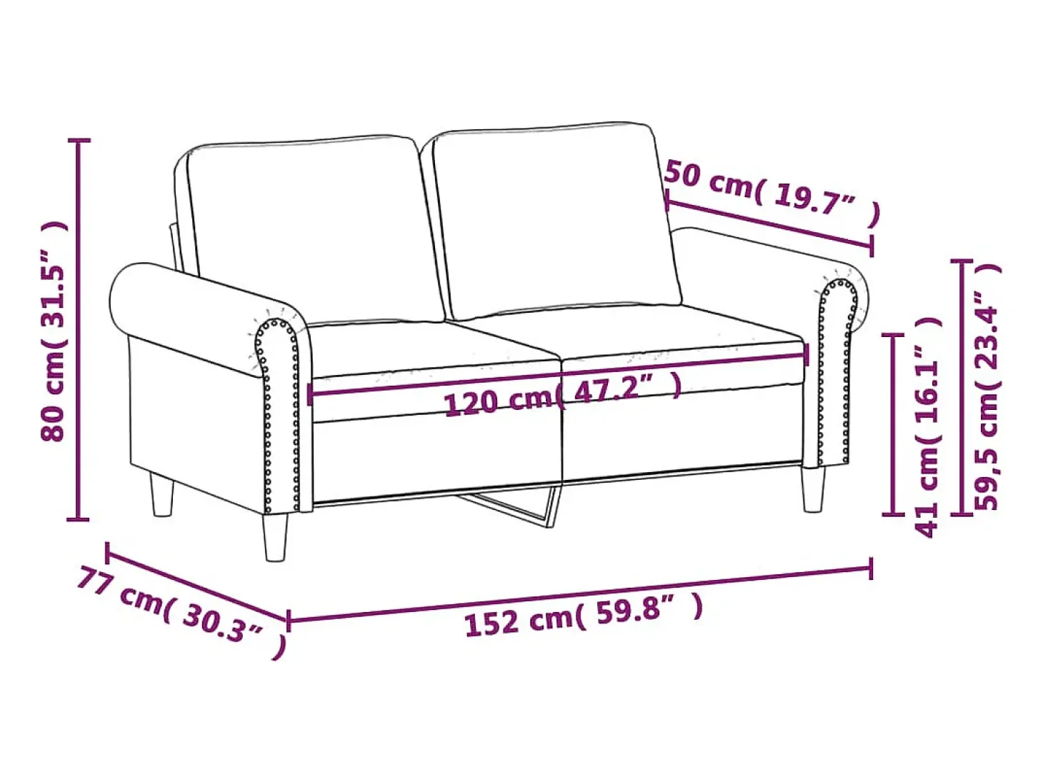 Sofá de 2 plazas de cuero sintético negro 120 cm