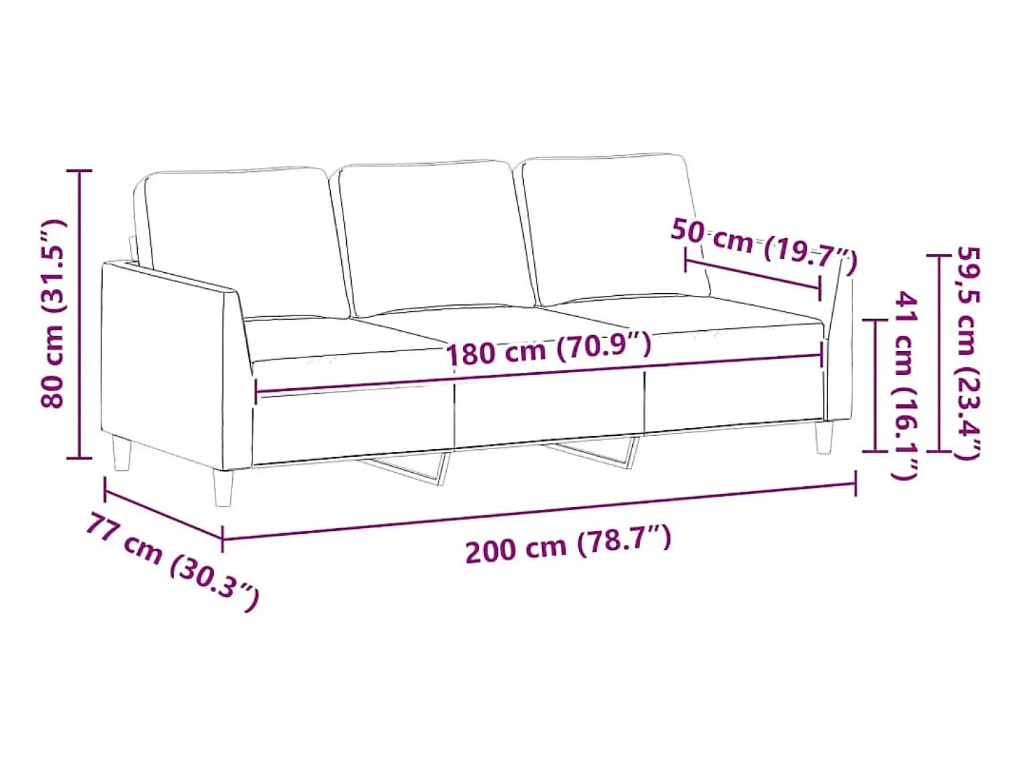 Sofá de 3 plazas de cuero sintético negro 180 cm