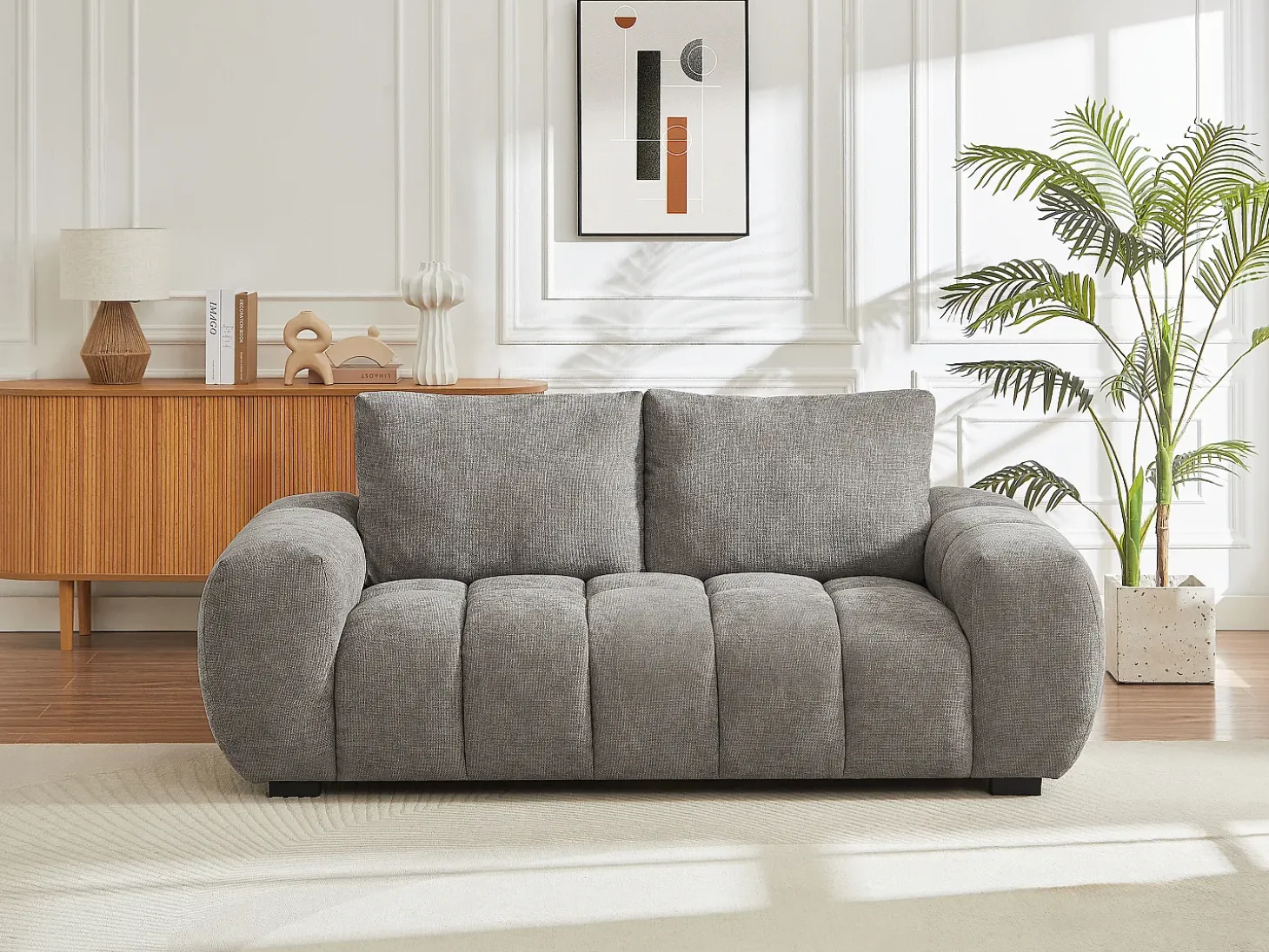 Sofá de 3 plazas de tela gris con efecto acolchado estilo diseño BERENIA
