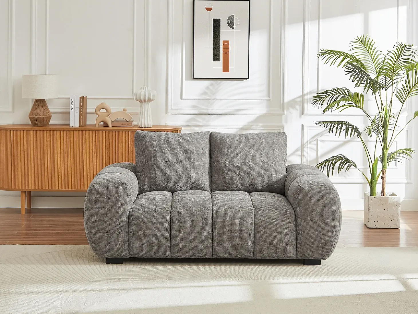 Sofá de 2 plazas de tela gris con efecto acolchado estilo design BERENIA