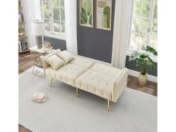 Sofá de 2 plazas de terciopelo beige con brazos y respaldo regulables, patas de metal dorado