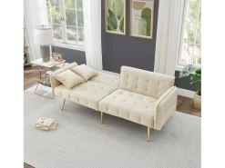 Sofá de 2 plazas de terciopelo beige con brazos y respaldo regulables, patas de metal dorado