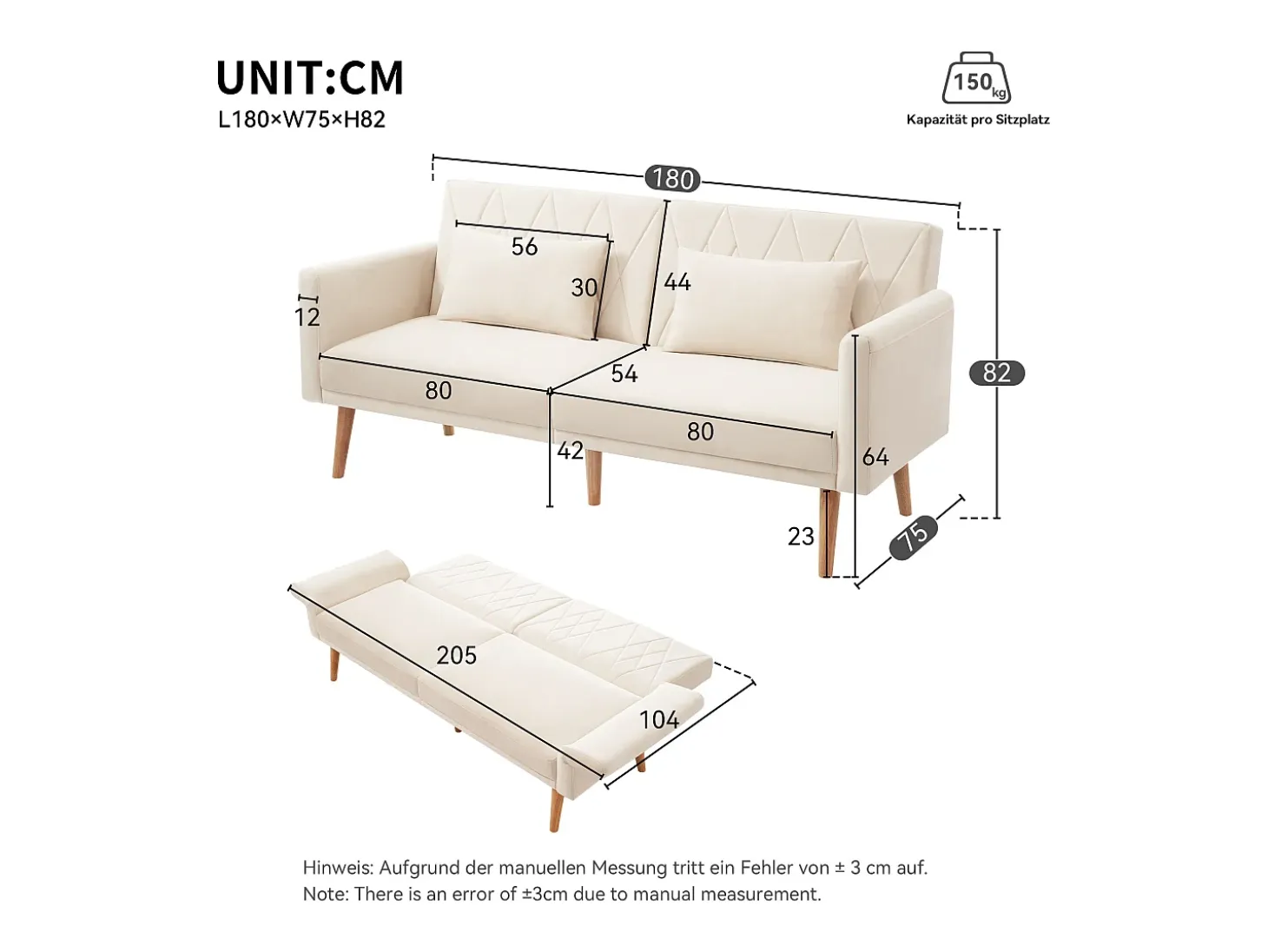 Sofá de 2 plazas de terciopelo beige, con respaldo y reposabrazos ajustables, de diseño moderno, para salón o dormitorio