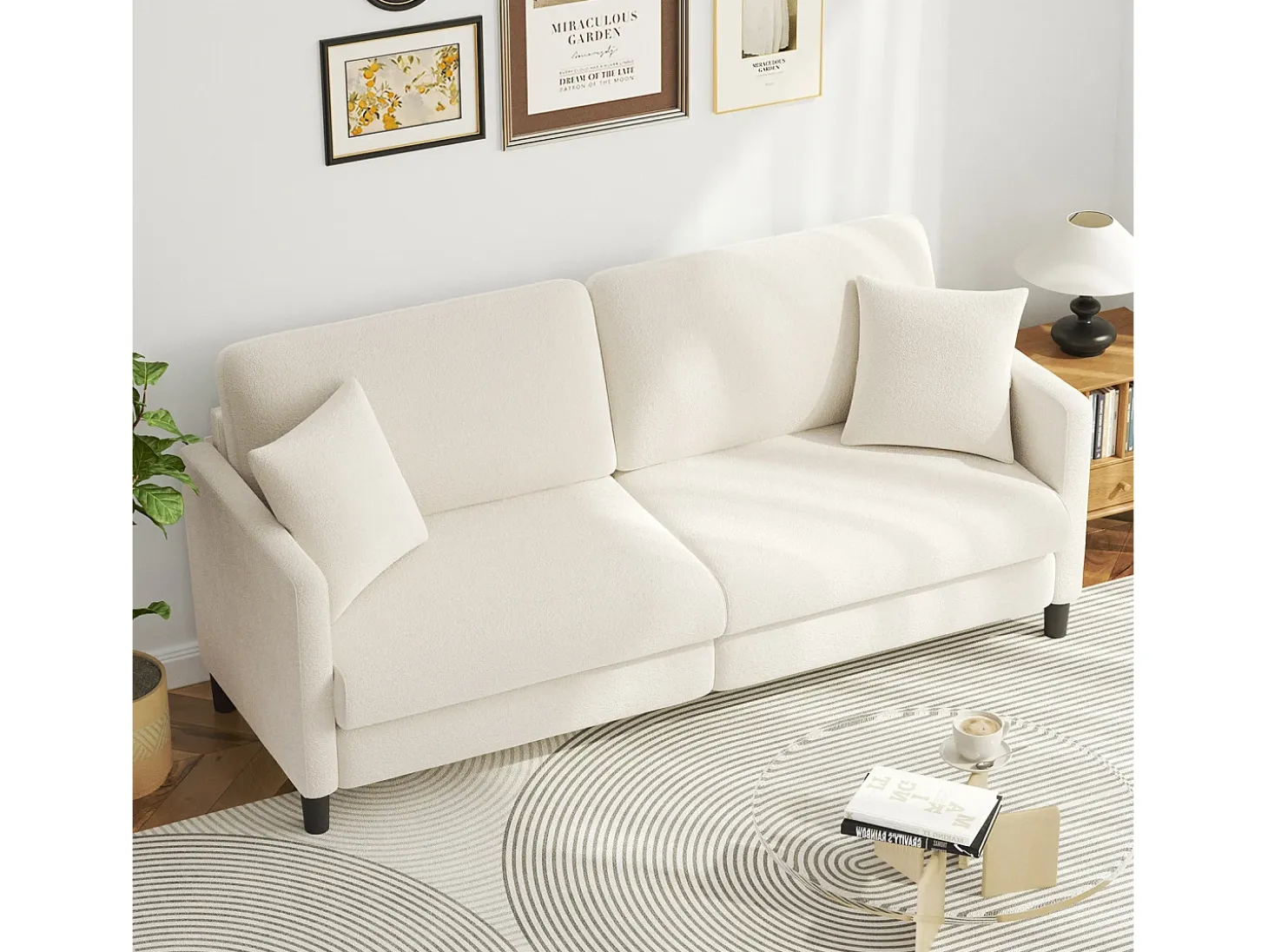 Sofá de 3 plazas en terciopelo de Teddy, sofá de confort correcta en madera sólida, loveseat con reposabrazos, 193x79x89cm, beige, beige