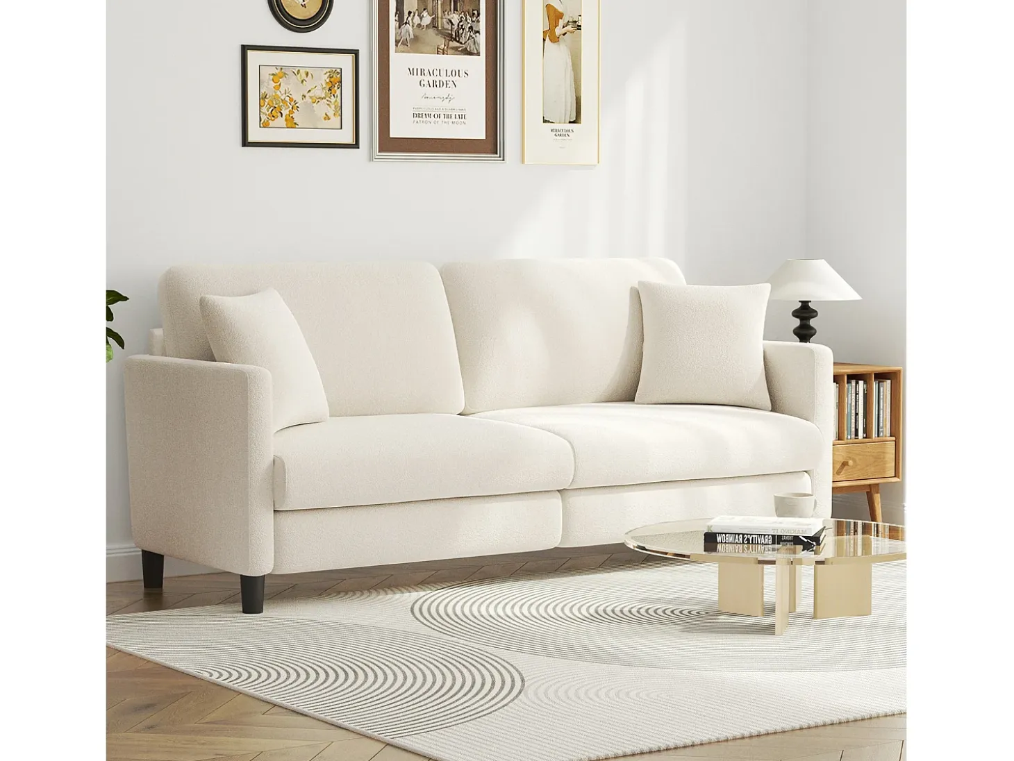 Sofá de 3 plazas en terciopelo de Teddy, sofá de confort correcta en madera sólida, loveseat con reposabrazos, 193x79x89cm, beige, beige