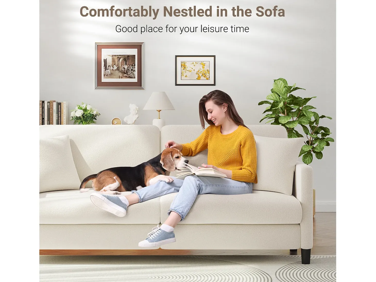 Sofá de 3 plazas en terciopelo de Teddy, sofá de confort correcta en madera sólida, loveseat con reposabrazos, 193x79x89cm, beige, beige
